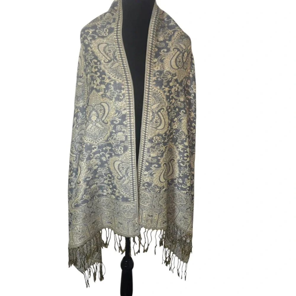 Pashmina Womens Gold Gray Paisley Silk Blend Fringe Reversible Wrap Scarf Shawl